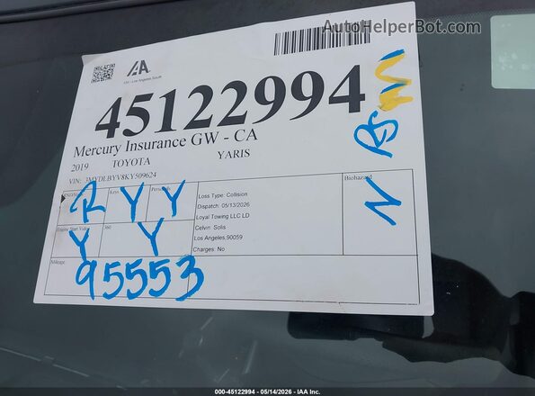 3MYDLBYV8KY509624 2019 TOYOTA YARIS Black 