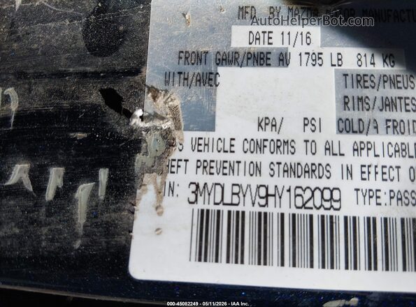 3MYDLBYV9HY162099 2017 TOYOTA YARIS IA Blue Շարժիչի բաժամունքի տեսք