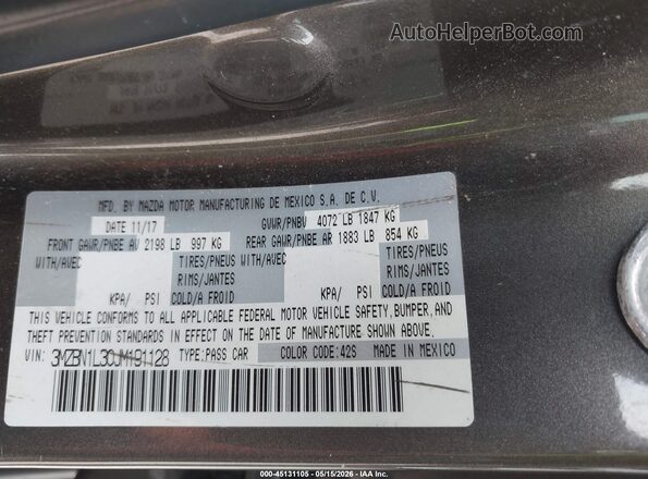 3MZBN1L30JM191128 2018 MAZDA 3 Gray 