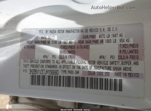 3MZBN1V37JM168880 2018 MAZDA 3 White Widok komory silnika