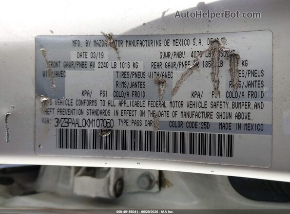 3MZBPAAL0KM107050 2019 MAZDA 3 White Вид підкапотного простору
