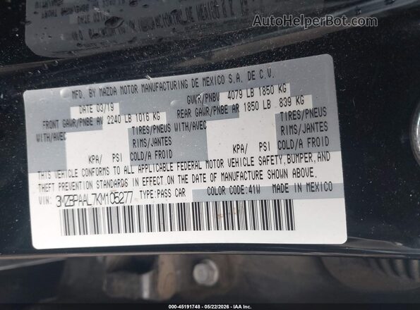 3MZBPAAL7KM105277 2019 MAZDA 3 Black 