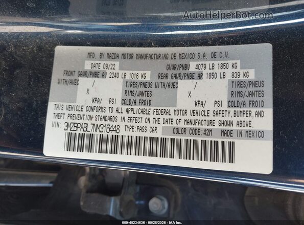 3MZBPABL7NM316448 2022 MAZDA 3 Blue Vista del compartimento del motor
