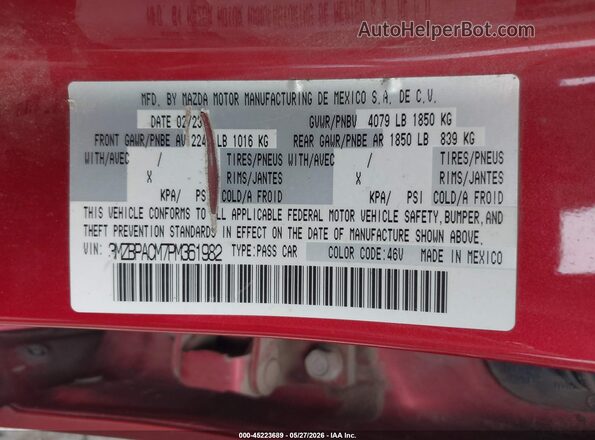 3MZBPACM7PM361982 2023 MAZDA 3 Red ძრავის განყოფილების ხედი