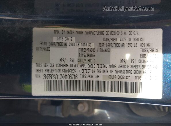 3MZBPADL7KM106716 2019 MAZDA 3 Black 
