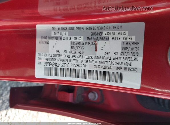 3MZBPAEM4LM127810 2020 MAZDA 3 Red Շարժիչի բաժամունքի տեսք