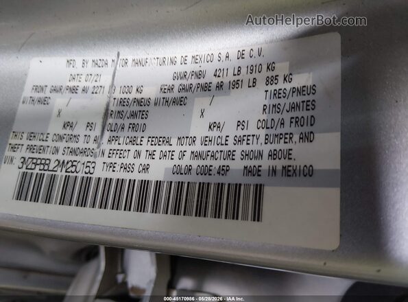 3MZBPBBL2MM250153 2021 MAZDA 3 Silver Շարժիչի բաժամունքի տեսք