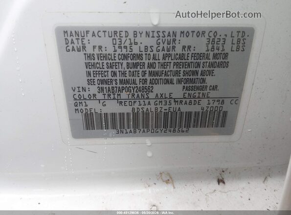3N1AB7AP0GY248562 2016 NISSAN SENTRA White ძრავის განყოფილების ხედი