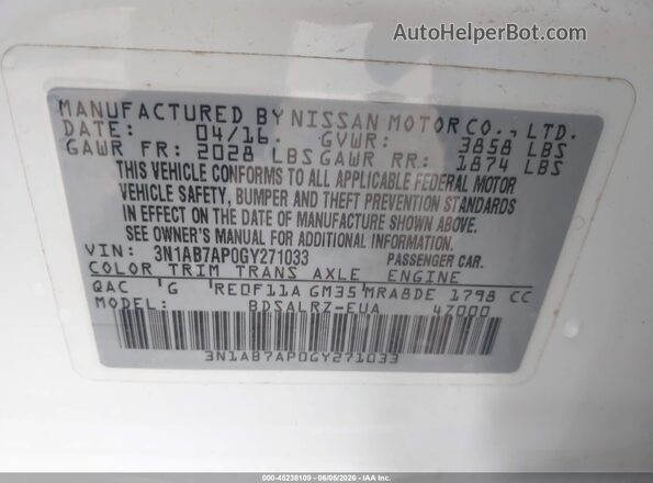 3N1AB7AP0GY271033 2016 NISSAN SENTRA White Вид підкапотного простору