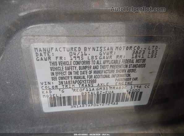 3N1AB7AP0GY272988 2016 NISSAN SENTRA Gray 