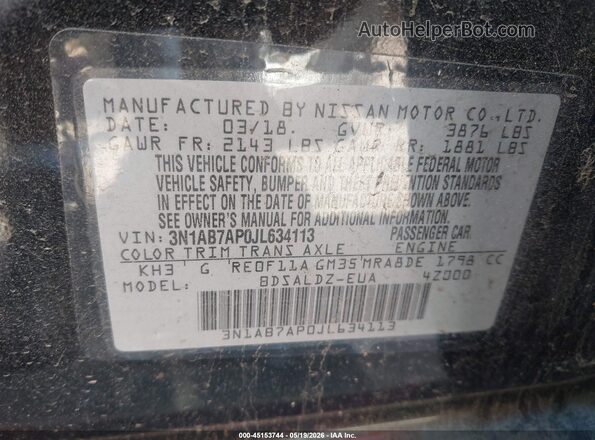 3N1AB7AP0JL634113 2018 NISSAN SENTRA Gray Engine compartment view