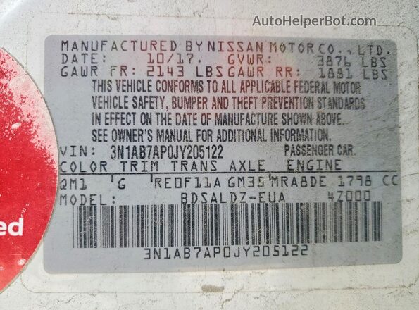 3N1AB7AP0JY205122 2018 NISSAN SENTRA White 