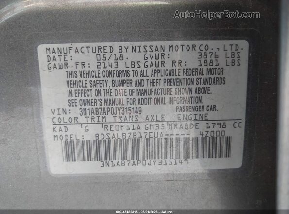 3N1AB7AP0JY315149 2018 NISSAN SENTRA Серый Вид подкапотного пространства