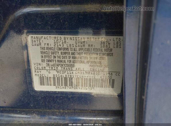 3N1AB7AP0KY256959 2019 NISSAN SENTRA Blue Вид підкапотного простору