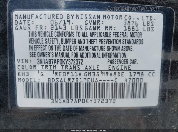 3N1AB7AP0KY372372 2019 NISSAN SENTRA Black Engine compartment view