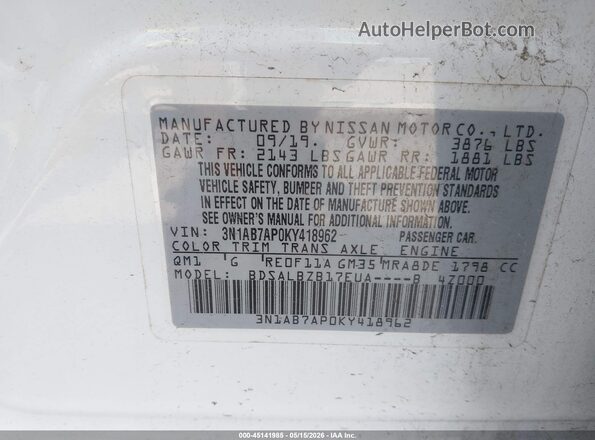 3N1AB7AP0KY418962 2019 NISSAN SENTRA White Widok komory silnika
