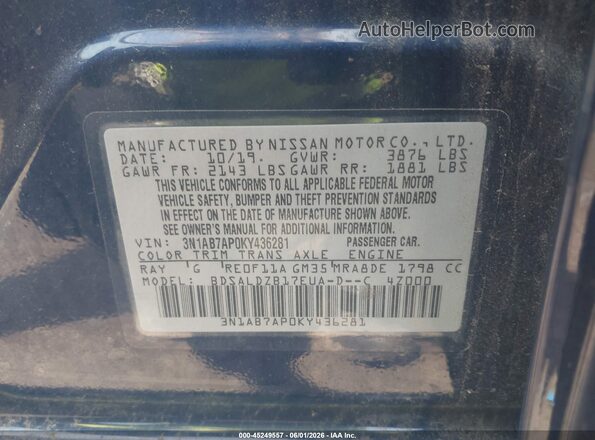 3N1AB7AP0KY436281 2019 NISSAN SENTRA Blue Vista del compartimento del motor