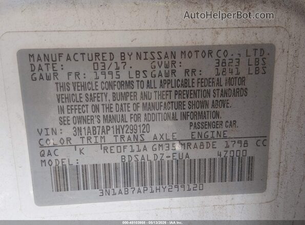 3N1AB7AP1HY299120 2017 NISSAN SENTRA White Widok komory silnika