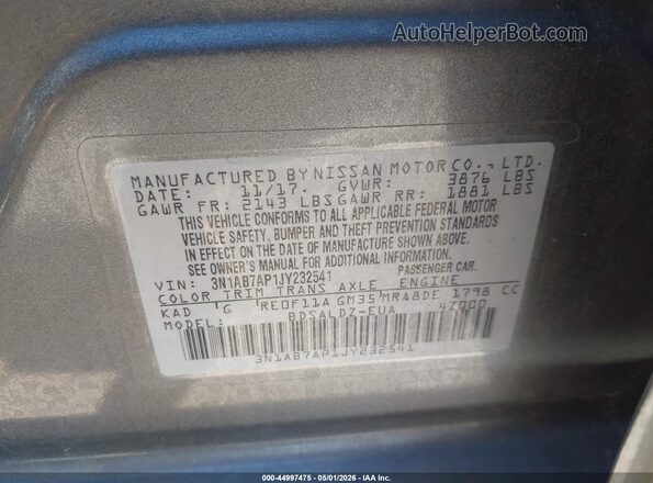 3N1AB7AP1JY232541 2018 NISSAN SENTRA Gray Vista del compartimento del motor