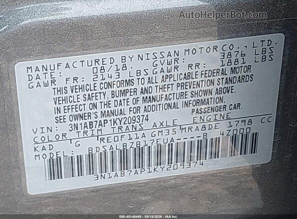 3N1AB7AP1KY209374 2019 NISSAN SENTRA Gray Vista del compartimento del motor