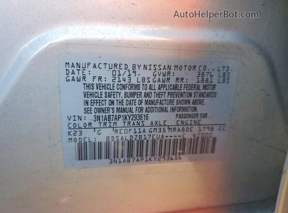 3N1AB7AP1KY293616 2019 NISSAN SENTRA Silver 