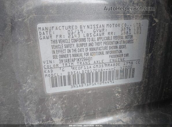 3N1AB7AP1KY294491 2019 NISSAN SENTRA Gray Vista del compartimento del motor
