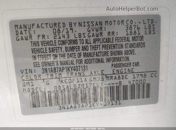 3N1AB7AP1KY407131 2019 NISSAN SENTRA White 