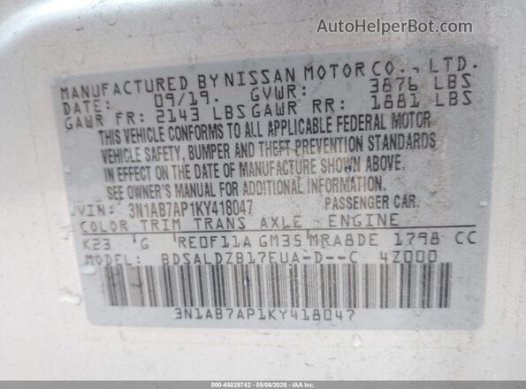 3N1AB7AP1KY418047 2019 NISSAN SENTRA Silver Engine compartment view