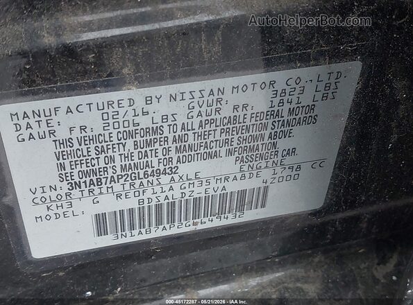 3N1AB7AP2GL649432 2016 NISSAN SENTRA Black VIN sticker view