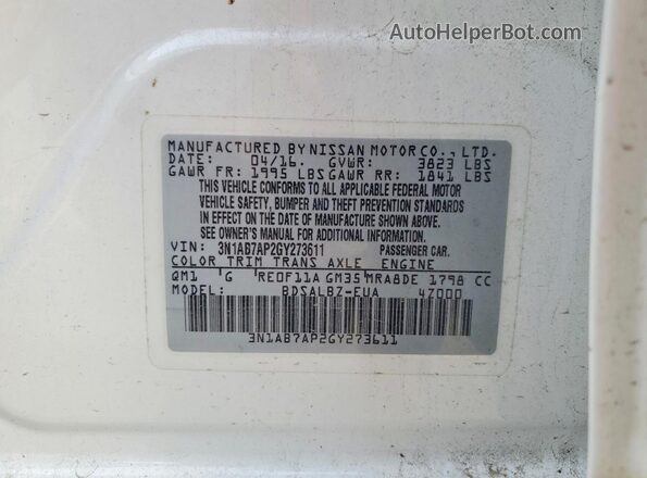 3N1AB7AP2GY273611 2016 NISSAN SENTRA White Engine compartment view