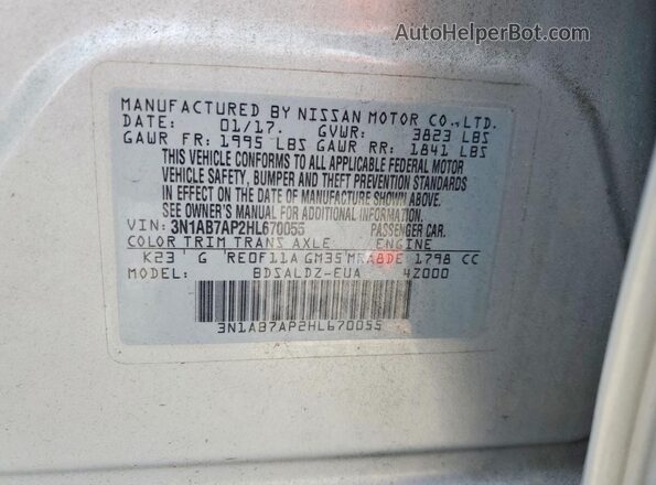3N1AB7AP2HL670055 2017 NISSAN SENTRA Silver Вид наклейки з VIN-кодом