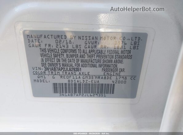 3N1AB7AP2JL629351 2018 NISSAN SENTRA White Vista del compartimento del motor
