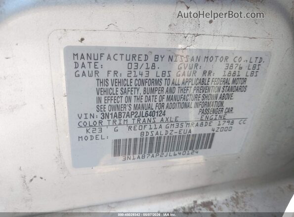 3N1AB7AP2JL640124 2018 NISSAN SENTRA Silver ძრავის განყოფილების ხედი