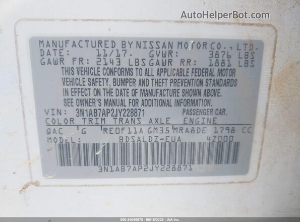 3N1AB7AP2JY228871 2018 NISSAN SENTRA White 