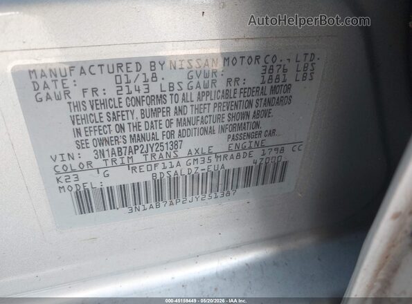 3N1AB7AP2JY251387 2018 NISSAN SENTRA Серебряный Вид подкапотного пространства