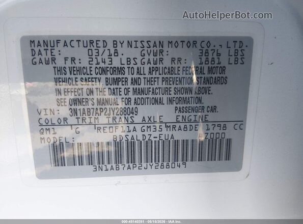 3N1AB7AP2JY288049 2018 NISSAN SENTRA White Widok komory silnika
