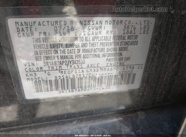 3N1AB7AP2JY342630 2018 NISSAN SENTRA Black Вид підкапотного простору