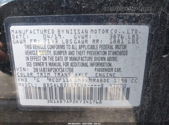 3N1AB7AP2KY341768 2019 NISSAN SENTRA Black ძრავის განყოფილების ხედი