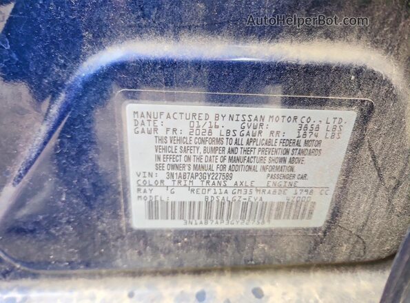 3N1AB7AP3GY227589 2016 NISSAN SENTRA Blue Engine compartment view