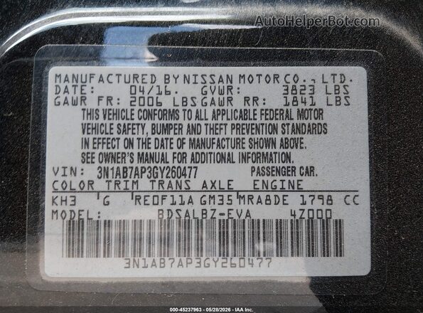 3N1AB7AP3GY260477 2016 NISSAN SENTRA Black Вид підкапотного простору