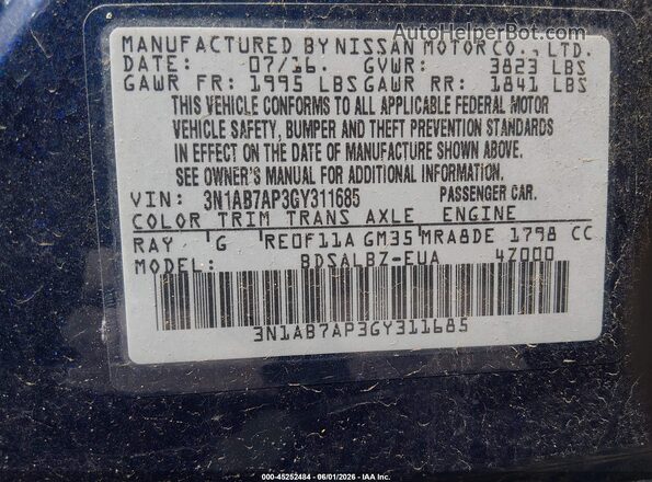 3N1AB7AP3GY311685 2016 NISSAN SENTRA Blue Engine compartment view