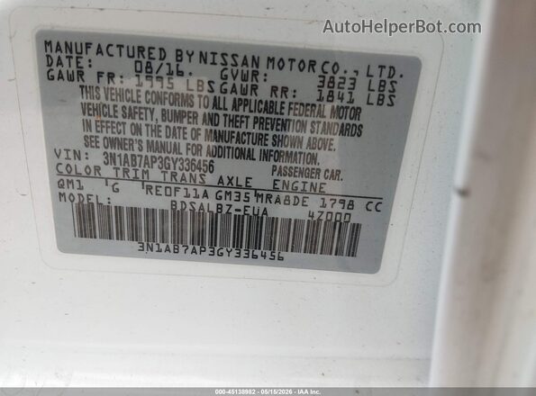 3N1AB7AP3GY336456 2016 NISSAN SENTRA Белый 