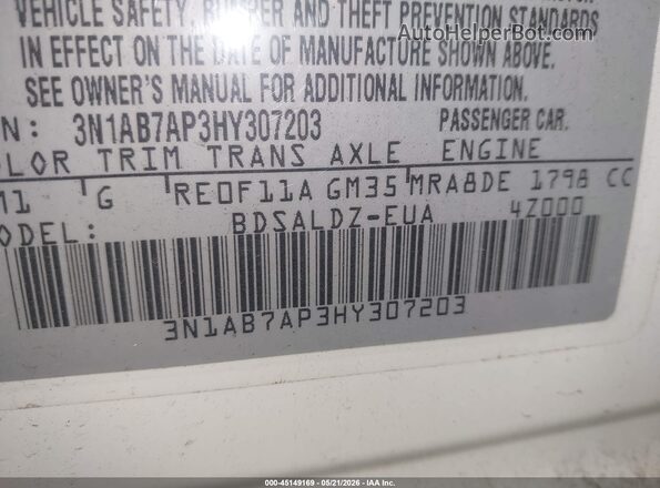3N1AB7AP3HY307203 2017 NISSAN SENTRA White Շարժիչի բաժամունքի տեսք