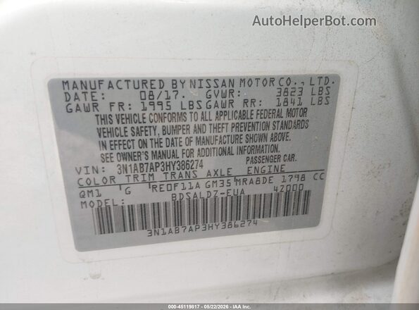 3N1AB7AP3HY386274 2017 NISSAN SENTRA White Vista del compartimento del motor