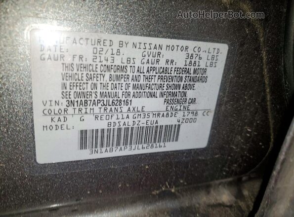 3N1AB7AP3JL628161 2018 NISSAN SENTRA Серый Вид наклейки с VIN-кодом