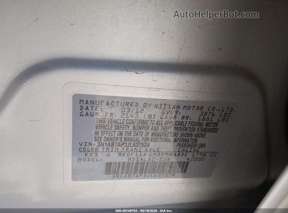 3N1AB7AP3JL637524 2018 NISSAN SENTRA Silver Вид підкапотного простору