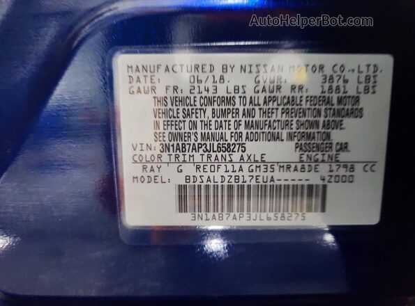 3N1AB7AP3JL658275 2018 NISSAN SENTRA Blue 