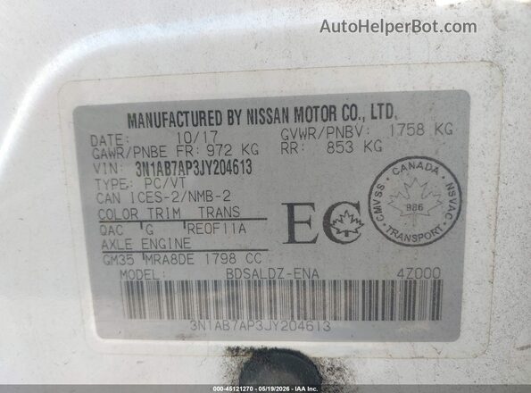 3N1AB7AP3JY204613 2018 NISSAN SENTRA White ძრავის განყოფილების ხედი
