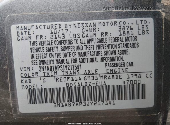 3N1AB7AP3JY217541 2018 NISSAN SENTRA Gray Vista del compartimento del motor