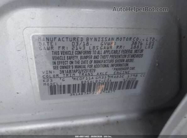 3N1AB7AP3JY291879 2018 NISSAN SENTRA Silver Engine compartment view
